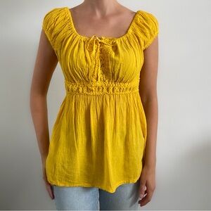 Vintage 70s yellow boho off shoulder blouse top babydoll medium small indie